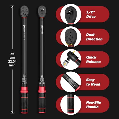 VANPO 1/2-inch Drive Click Torque Wrench Set, 20-260 Ft-Lb / 27.1-352.3 Nm, 22.04\", Dual Direction, 72 Tooth, Adjustment Torque Wrench with 1/2\" to 3/8\" Adapter & 125mm Extension Bar for Car & Truck