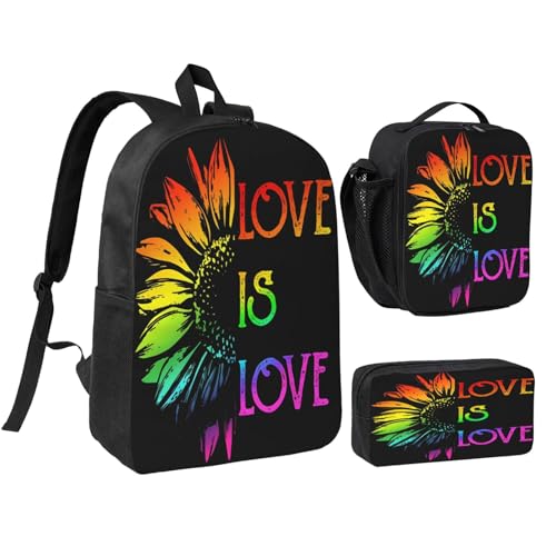 LGBT Rainbow Gay Pride Flag love is love sunflower_86452069 17 Inch Backpack Sets Lunch Bag Lightweight Daypack for Men Women 3Pcs