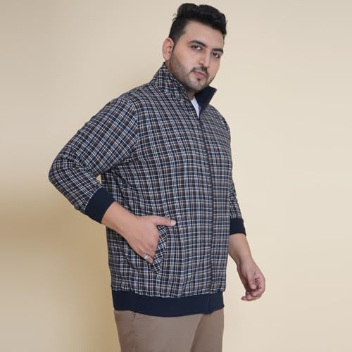 Image of JOHN PRIDE Plus Size Men Regular Checked Navy Blue Front-Open Mock Collar Sweatshirt(JPSWT75203)