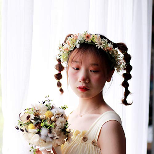 Vivivalue Women Floral Crown Flower Garland Headband Hair Wreath Floral Headpiece Halo Boho with Ribbon Wedding Party Festival Photos Orange - Thumbnail 6