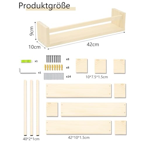 Yahbrra Wandregal Kinderzimmer Regal Wand Schweberegal: für Wohnzimmer Küche Arbeitszimmer Badezimmer Deko Wohnzimmer Gewürzregal Wand Wandregal Holz (Holzfarbe, 3-teiliges Set 42x10x9cm)
