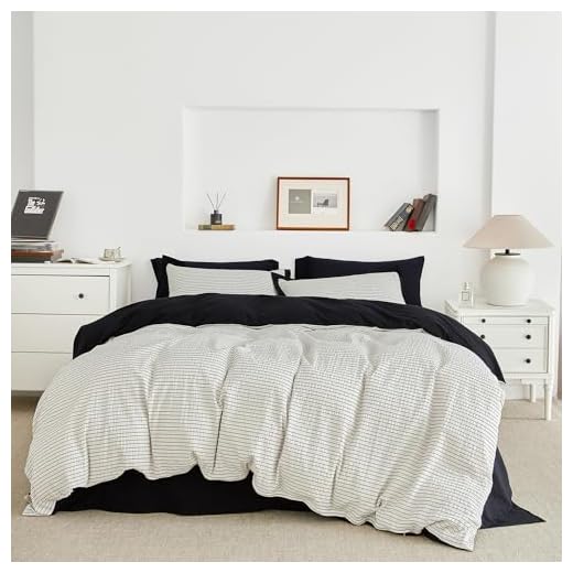 SUSYBAO Black Pinstripe Duvet Cover King 100% Cotton 3 Pieces Set 1 Seersucker Dual Color Duvet Cover with Zipper Ties 2 Pillow Shams Washed Cotton Rustic White Textured Striped Bedding Set Soft