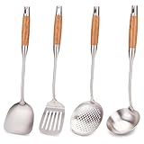 Picture of FJNATINH Wok Utensils - Wok Spatula Metal Set, 4-Pieces 14-15 Inch Extra Long, Wok Tools Professional Set, Wooden Handle Skimmer, Soup Ladle, Slotted Turner
