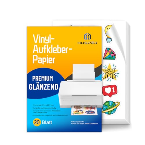 HUSPER Bedruckbares Premium-Vinyl-Aufkleberpapier für Tintenstrahldrucker, A4, 20 Blatt, hochglänzend, weiß, wasserdicht, trocknet schnell, lebendige Farben, hält Tinte gut, reißfest