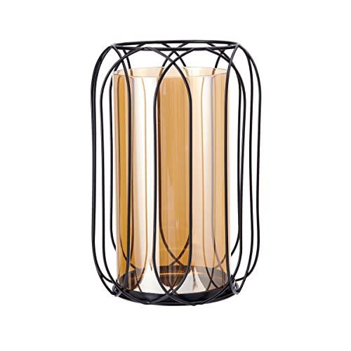 Image of Elements 6.89x6.89.10.43 Inch Black Metal Wire with Amber Glass Insert Votive Holder, for Use with Wax or Flameless Canlde