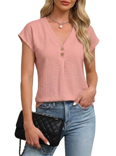 GLEENOD Bluse Damen Sommer V-Ausschnitt Lockere Flügelärmel Sommerbluse Elegant Blusen Oberteile für Freizeit Büro Strand Rosa L