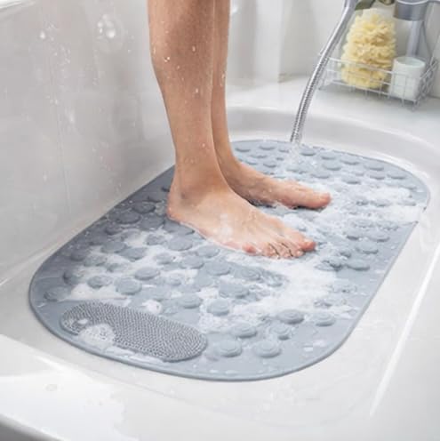 Image of Homecloud Anti Skid Mat for Bathroom Floor Shower mats for Bathroom Anti Slip with Foot Scrubber Bath mat Anti Slip with Suction Cups & Drain Holes (69x35 Cm) (Oval Grey)