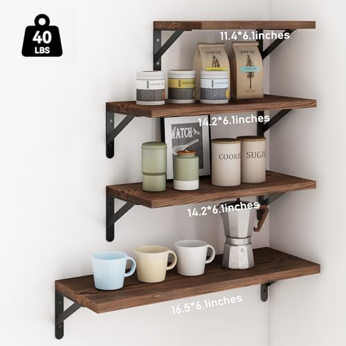 Image of YGEOMER Floating Shelves for Wall, Different Sizes Dark Carbonized Pine Wall Shelves for Living Room, Bathroom, Bedroom, Kitchen, Home Decor (Set of 4)