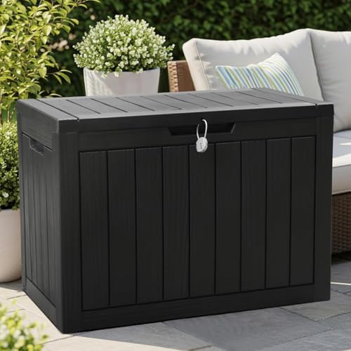Olsen & Smith 170 Liter Verschließbare Klein Aufbewahrungsbox für Garten Auflagenbox Kissenbox Outdoor Gartentruhe aus Kunststoff Wetterbeständig Wasserdicht für Gartengeräte & Kinderspielzeug Schwarz