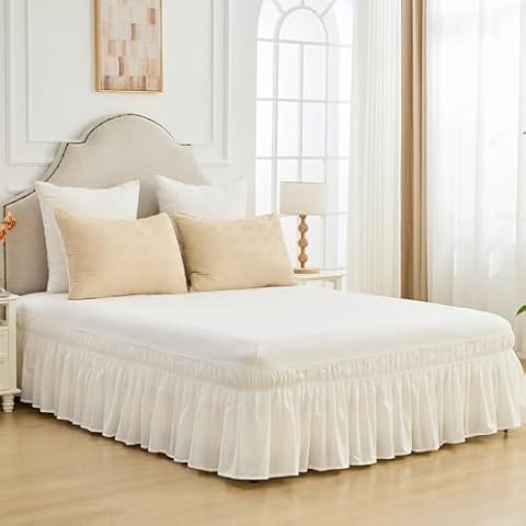 BISELINA Wrap Around Bed Skirts 17" Drop, Cotton Adjustable Elastic Dust Ruffles Easy Fit Wrinkle & Fade Resistant Soft Cozy Elegant Luxurious Bedding - White, King Size Cover