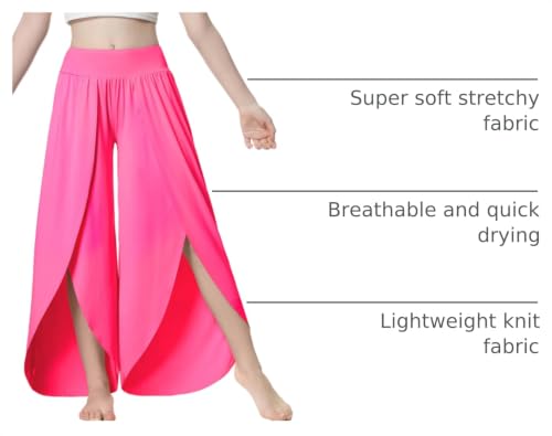 Image of EXARUS Girls Flowy Pants Summer Dance Palazzo Wide Leg Trousers Teen | Tween Split Trousers Elastic High Waisted Vacation Casual Beach Bottoms Youth Front Slit Junior Kids Size 6-12Y