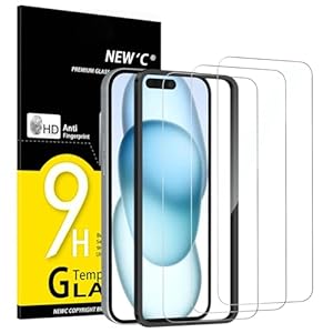 NEW'C 3 Piece, Screen Protector for iPhone 16.15 (6.1 Inch), Tempered Glass Protective Film without air bubbles, scratch resistance - Includes tool for easy installation
