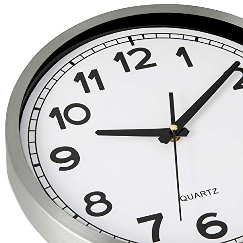 Image of Bernhard Products Wall Clock Silent Non-Ticking Large 12 inch Metal Quartz Battery Operated Easy to Read Office Classroom Kitchen Living Room Bathroom Sweeping Clocks, Silver Frame Black Modern Numbers