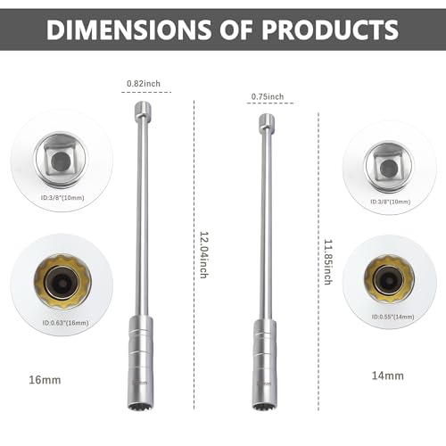 Image of 14mm+16mm Extend Spark Plug Socket Compatible with BMW Nissan More Car | Thin Wall 12 Points 3 /8 inch Drive Spark Plug Removal Tool,Steel Magnetic Spark Plug Socket Set Car Tools (14mm+16mm Extend)