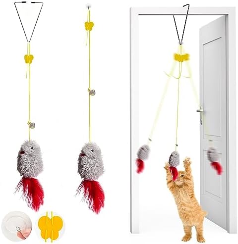 AVYDIIF Interactive Cat Feather Toy, Self-Playing 2 Way Cat Toy for Door Hanging, Retractable Cat Toy with Bell for Indoor Cats (Grey (2 Pack))