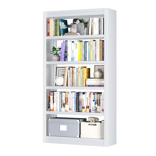 Image of 5 Tier Metal Bookshelf, 69 inch Tall Heavy Duty Bookcase with Adjustable Shelves, Industrial Display Storage Shelves for Home Office, Living Room, Study, White