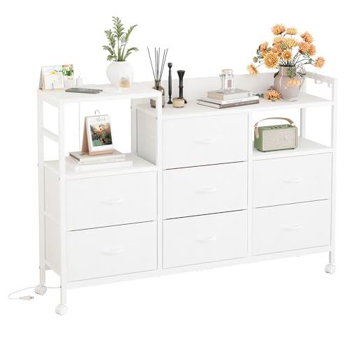 Fly-CTsoar チェスト タンス キャスター付き 洋服ダンス 衣類チェスト 収納ケース 大容量 布製引き出し 転倒防止 おしゃれ 洋服収納 箪笥 3段7杯 (白, 幅132×奥行30×高さ91cm)