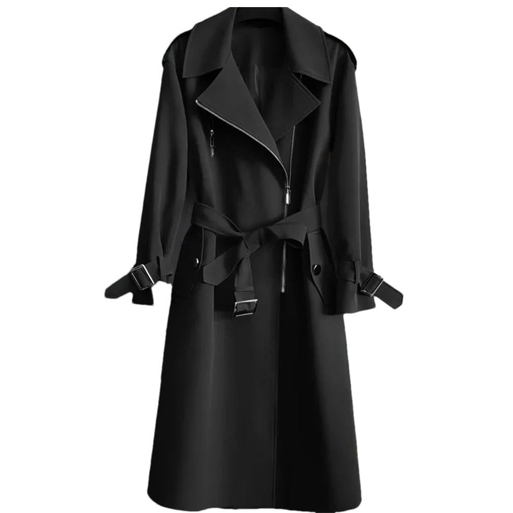 Women Trench Coat Loose Casual Lapel Belt Long Sleeve Zipper Overcoat Outerwear