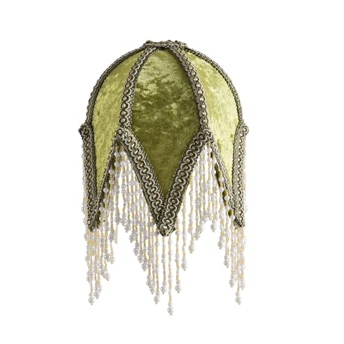 xiaojuande Tassel lampshade - Retro country style green bead tassel lampshade 8.7High artistic atmosphere replacement lamp accessory for living room-C
