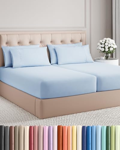 Image of Split King 7 Piece Bed Sheet Set - Comfy, Breathable & Cooling - Sky Blue | Ultra-Soft Hotel Luxury Bedding Set w / 8-16 Inch Deep Pockets, 1 Flat & 2 Fitted Sheet & 4 Pillowcases, Wrinkle & Fade Free