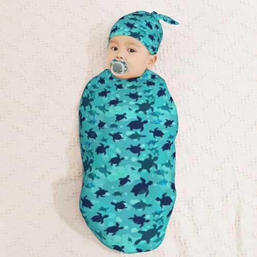Image of Ocean Blue Sea Turtles Newborn Swaddle Blankets Hat Sets Soft Baby Receiving Blanket Swaddle Sack for Baby Shower Infant Boy Girl Gift