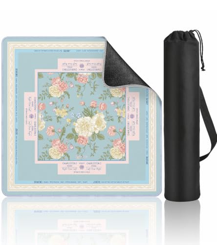 Puresora Travel Mahjong Mat Table with Rules Mah Jong Mat Neoprene Chinoiserie Floral Majong Learning Mat Instructions Mahjong Gifts Women Unique Non-Slip Rubber Pad 21 x 21 Blue Pink