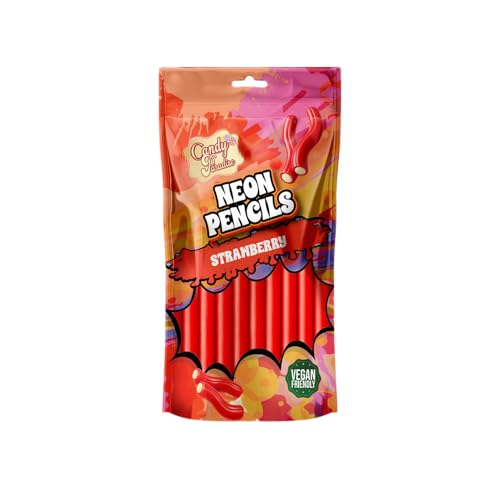 Candy Paradise Halal Neon Pencils Soft & Chewy Fruit Candy Sticks with Sweet Fondant Center 130g (Pack of 1 Strawberry)