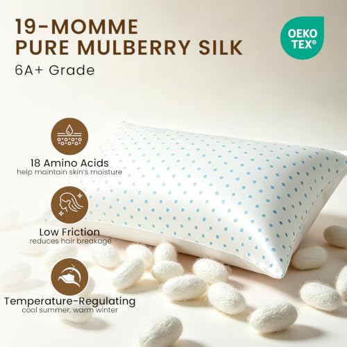Image of THXSILK Set of 2 Mulberry Silk Pillowcase for Hair and Skin, Cooling Bed Pillow Cover with Hidden Zipper, Soft Smooth Print Silk Pillowcase Gifts for Women Men (King 20 inchx36 inch, Blue White Polka Dot)
