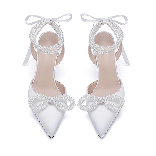Anna's Bridal Satin White Wedding Shoes for Bride High Heels Closed Toe Bridal Shoes Sandals Prom Party Dress Pumps Sandals Elegant Pointed Toe Bridal Pear Heels for Women2
