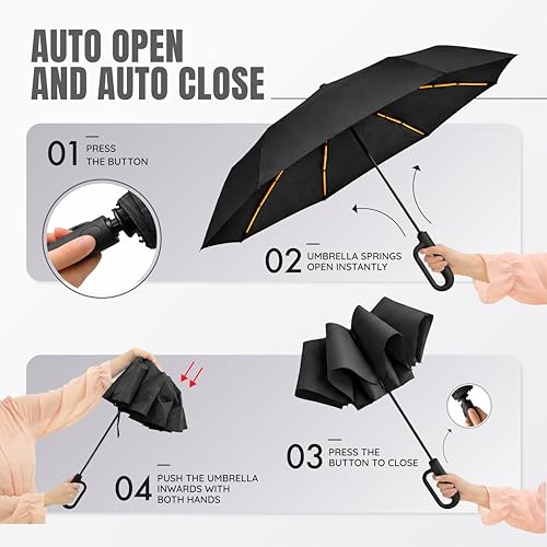 Image of Robustt Auto Open Clutch Umbrella with Carabiner Hook Handle, (Black)| Double Fibreglass Wind-Resistant Frame |for rain & Sun Protection| Lightweight & Compact