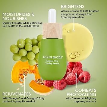 Testament Ancient Vine Vitality Face Oil Serum Vitamin C Natural Skincare with Anti-Aging Benefits. Inspired by the Mediterranean diet, clean beauty provides deep hydration to your skin-1oz