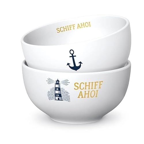 Seaside No.64 - Maritime Tasse / Schale aus Porzellan mit Aufschrift "Schiff Ahoi", Anker und Leuchtturm - Henkeltasse, Kaffeetasse, Müslischale, Frühstück, Tee (2 Schalen) Cover