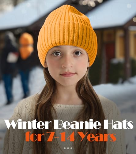 Kids Merino Wool Beanie Hat,Unisex Children Warm Winter Cuffed Ski Caps Classic Knitted Skull Caps for Boys Girls 7-14Y2