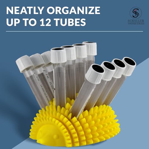 Image of S I Schaller Industries Hedgehog Test Tube Holder, 16mm - Veterinary Blood Test Tube Rack, Holds 12 Vials, Compact Fun Design Organizer for Veterinary and Research Lab Use - Yellow