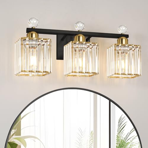 Image of Lxybcce Bathroom Vanity Lights Over Mirror - Easy Installation with Clear Guide, 3-Light Shadow-Free Design, Black and Gold Crystal Finish - for Modern Home Bathroom Lighting Fixtures in DIY Projects