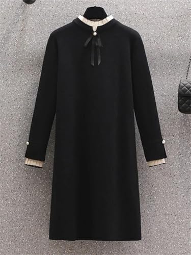 Women's Splicing Knitt Dress Straight Short Jumper Crew Neck Long Sleeve Office Sweater Dresses2