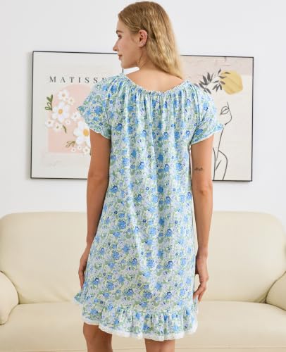 Image of Nanxson Women's Cotton Nightgown Short Sleeve Sleepwear Vintage Nightshirt | Summer Victorian Sleepdress,White Sleepshirt,U Neck Lace Loungewear,Soft Nightshirt,Loose Loungedress,Bride Nightwear