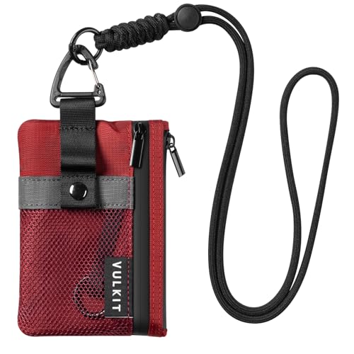 Image of VULKIT Small Minimalist Wallet for Women and Men RFID Blocking, Zipper Coin Pouch with ID Window and Keychain, Water Resistant Travel Lanyard Wallet Red