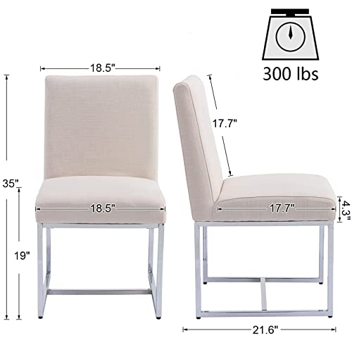 Image of HNY Modern Dining Chairs Set of 4, Upholstered Linen Dining Room Chairs with Ergonomic Back & Polished Silver Metal Frame for Home, Kitchen, Apartment, Cream