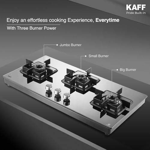 KAFF 3 Burner Cooktop for Kitchen | 71CM With Ignition | For Modern Kitchen | Ergonomic Knob |Tri-Pin Brass Burners| ISI Certified | Black | CTS713BAI - Image 4