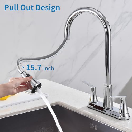 HOMELODY 2 Handles Kitchen Faucet with Pull Down Sprayer for 3 Hole Sink, 8 inch 360° Rotating Spout Centerset Kitchen Sink Faucet with Water Lines Chrome by HOMELODY - Image 3