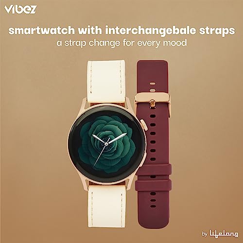 Vibez by Lifelong Smart Watch for Women 1.28" AMOLED Always on Display, Bluetooth Calling, Voice Assistance, 60Hz Refresh Rate, 600 NITS, Health Tracker, Leather & Silicone Straps (Glam Series)