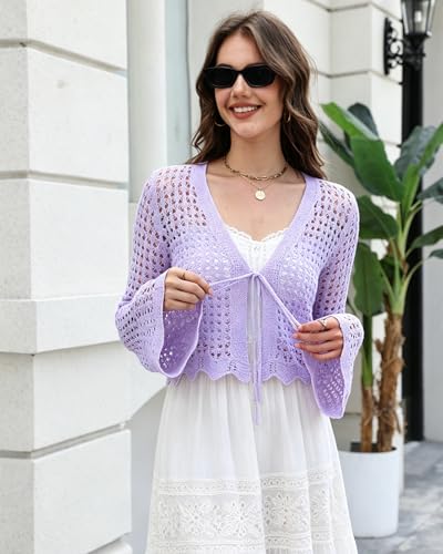 Image of Women's Soft Crochet Tie Front Cardigan Cropped Knit Bolero Shrug Summer Beach Cover Up Top