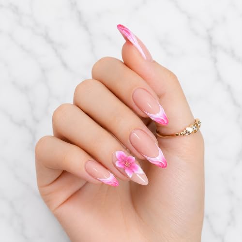 Image of Secret Lives Pink French Tip Press-On Nails, Nude Pink Almond Fake Nails with 3D Flower Golden Accents Artificial Nail Art, 24-Piece Set with Kit