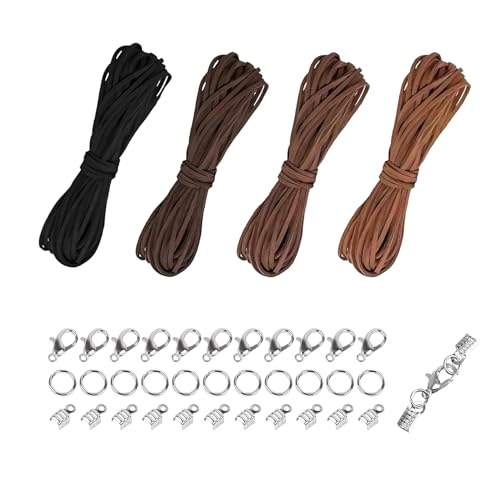 Lederband für Ketten 4 Rollen DIY Lederschnur 3mm Lederband mit Verschlüssen & Verzierungen Lederbänder für Armbänder Halsketten Schmuckherstellung 4 Farben