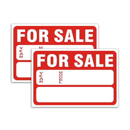 2 Pack For Sale Sign Car Sticker, 12" x 8" Reflective Vinyl Self-Adhesive Writeable Vehicle Sale Signs with Year Model Price Fields,Waterproof Easy Install Car Window Sticker for Used Car Sales, Auto Dealership (Red)