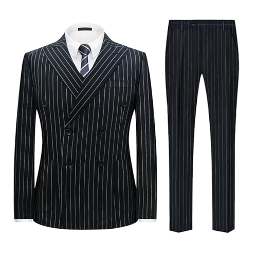 Mens Double Breasted Pinstripe Suit- 2 Piece Slim Fit Stripe Tuxedo,Business Wedding Dinner Party Jacket Pants Suit Set