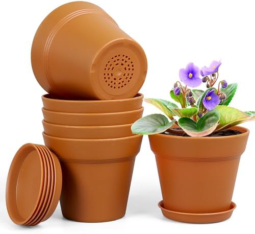 Homeuouz 6 Packs Blumentopf mit Untersetzer, 15.2cm Pflanzentopf, Plastik Übertopf mit Mehrere Ablauflöchern, Hydrokultur Topf, Blumentöpfe Set Ideal für Innen und Balkongärten,Ter