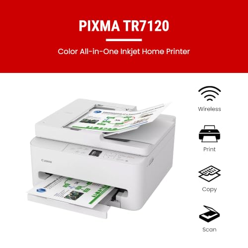 Image of Canon PIXMA TR7120 Wireless Color Inkjet Printer, Duplex Printing, White - Home Printer with Copier /Scanner, Auto Document Feeder, Compact Design, Intuitive Control Panel