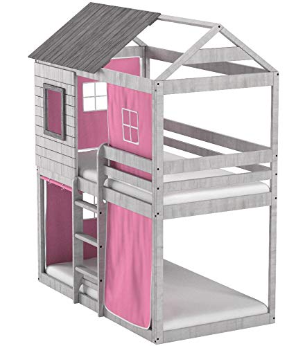 Donco Kids Deer Blind Bunk Loft Bed with Pink Tent, Twin/Twin, Light Grey